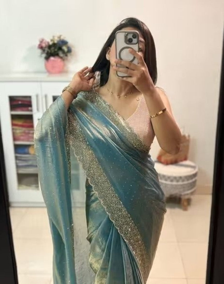 Generic Women's Fendy Chiffon Embellished Saree With Unstitched Blouse - 5.5 Mtr (Sea Green)