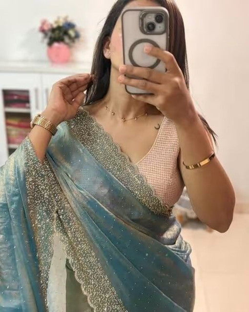 Generic Women's Fendy Chiffon Embellished Saree With Unstitched Blouse - 5.5 Mtr (Sea Green)