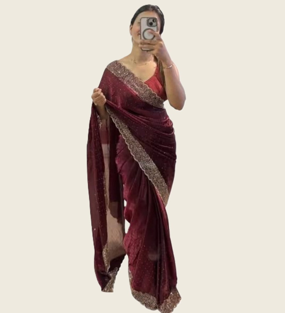 Generic Women's Fendy Chiffon Embellished Saree With Unstitched Blouse - 5.5 Mtr (Wine)