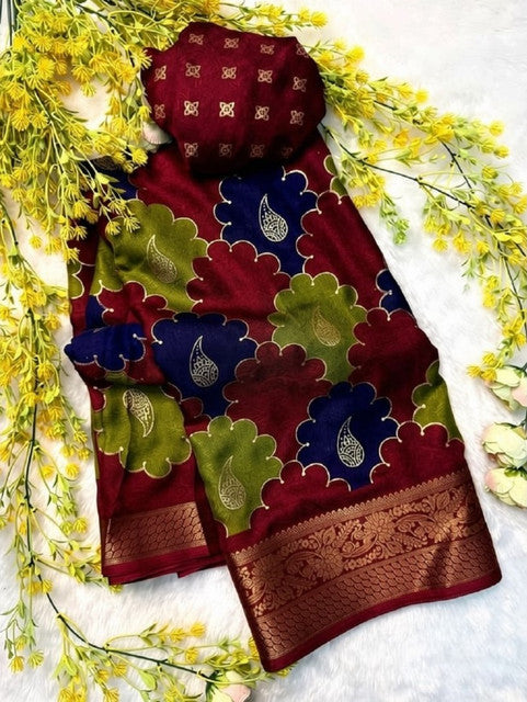 Generic Women's Dola Silk Kalamkari Floral Printed Saree With Unstitched Blouse - 5.5 Mtr (Multicolor)