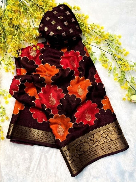 Generic Women's Dola Silk Kalamkari Floral Printed Saree With Unstitched Blouse - 5.5 Mtr (Multicolor)