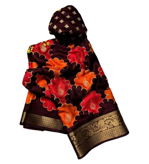 Generic Women's Dola Silk Kalamkari Floral Printed Saree With Unstitched Blouse - 5.5 Mtr (Multicolor)