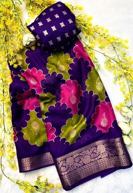 Generic Women's Dola Silk Kalamkari Floral Printed Saree With Unstitched Blouse - 5.5 Mtr (Multicolor)