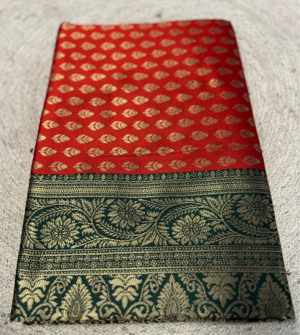 Generic Women's Jacquard Printed Saree With Unstitched Blouse - 5.5 Mtr (Red-Dark Green)