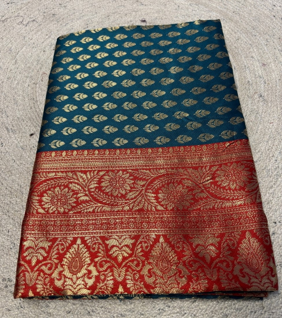 Generic Women's Jacquard Printed Saree With Unstitched Blouse - 5.5 Mtr (Teal-Red)