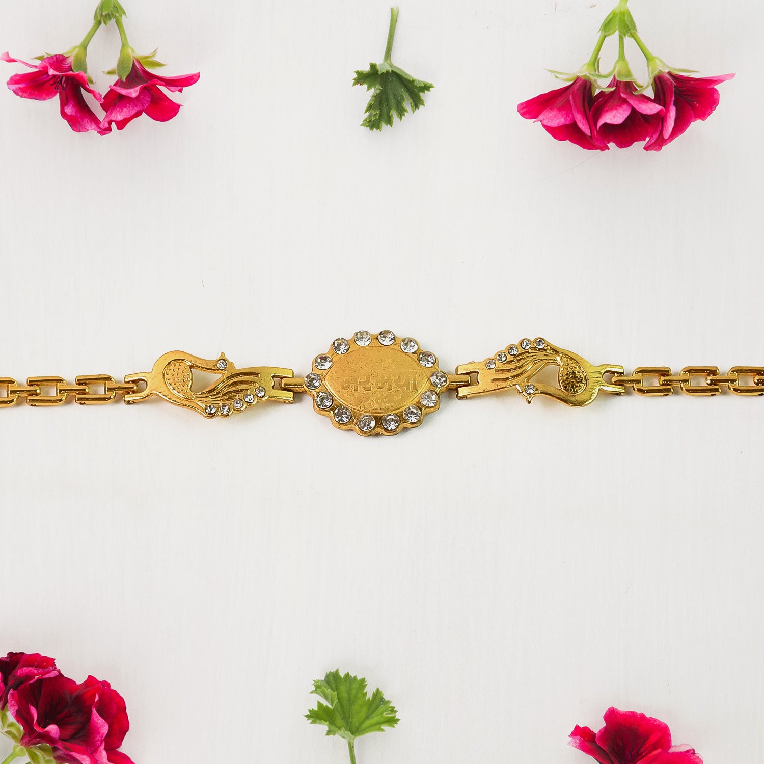 Bracelet With Stone Border  Dual Peacock Chain End Rakhi